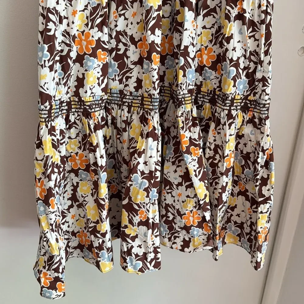 Tory Burch Reverie Smocked Shoulder Tie Brown Floral Print Summer Maxi Dress L